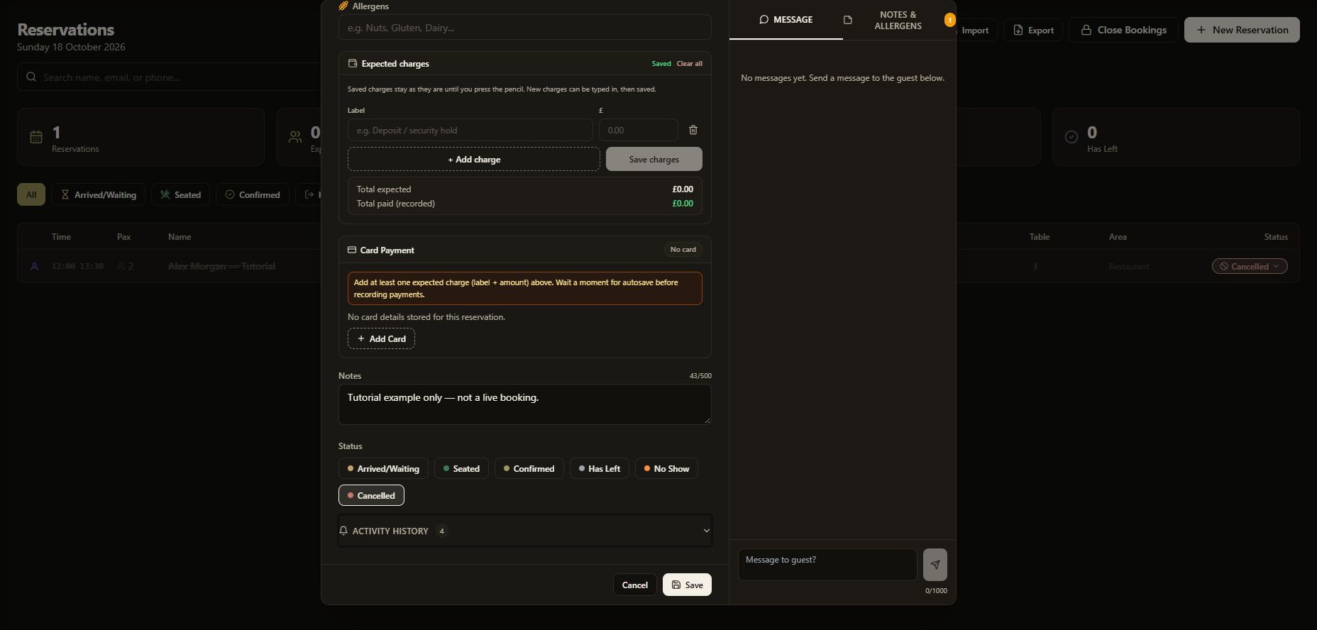 The booking reopened in Quick Edit with Cancelled selected and No Show shown as a separate status.