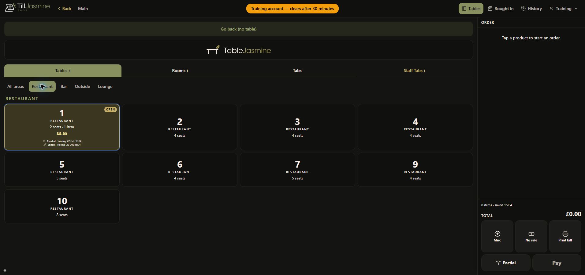 Complete dark-mode Restaurant picker showing Table 1 Open with the locally saved training item