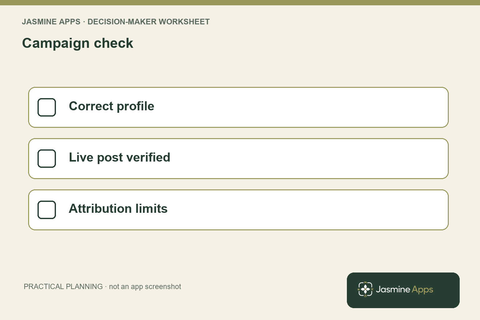 Campaign check: Correct profile; Live post verified; Attribution limits. A practical planning illustration.