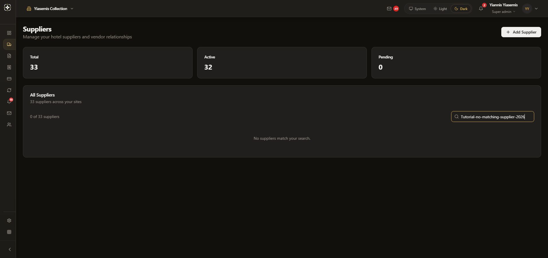 Dark-mode supplier list filtered to no matching records.