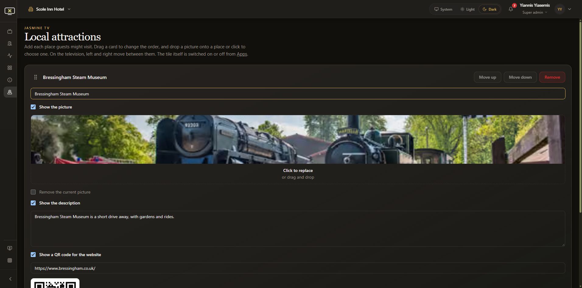 Dark-mode Jasmine TV attraction editor with a name, picture controls and description settings.