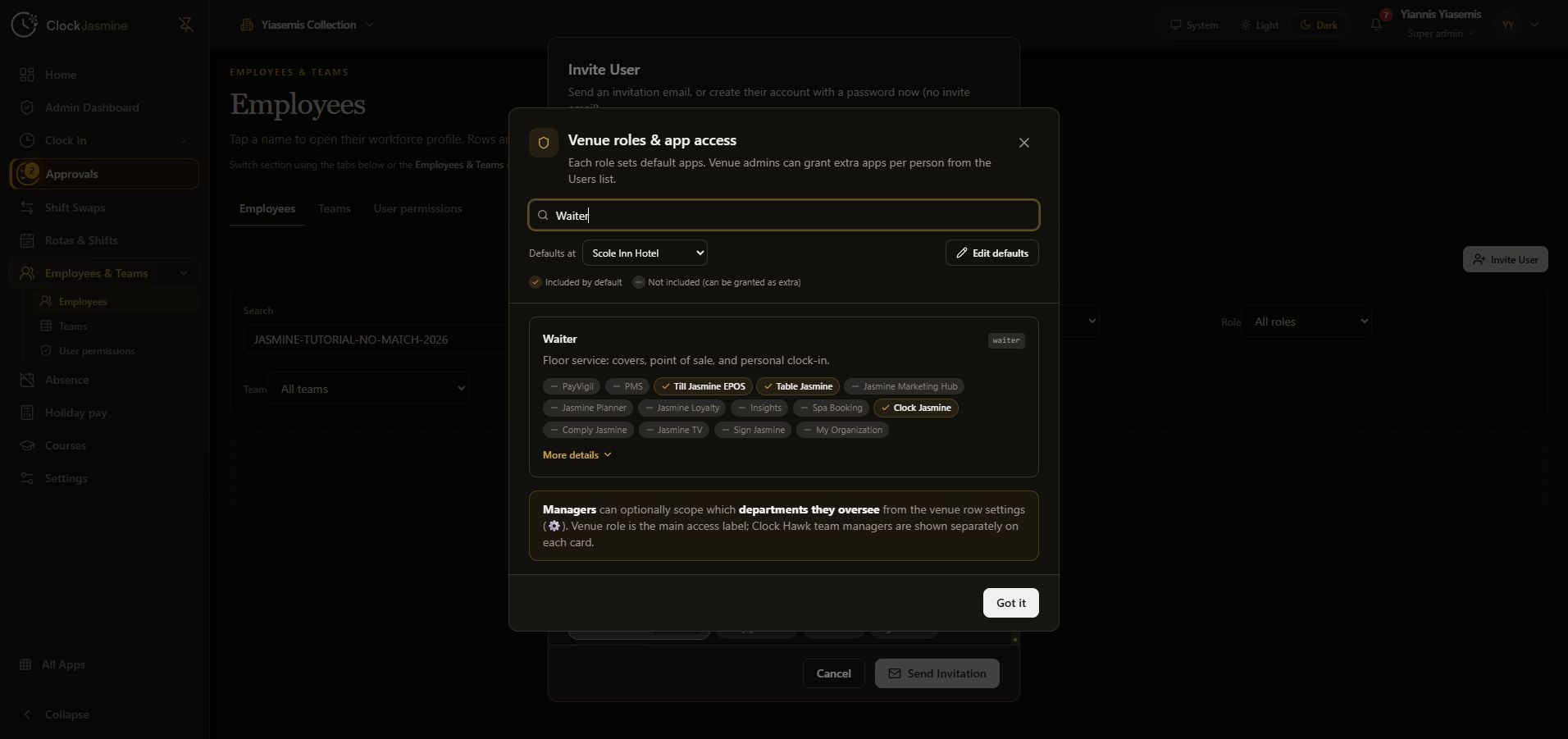 Complete dark-mode Role guide filtered to Waiter with the selected venue and included apps visible