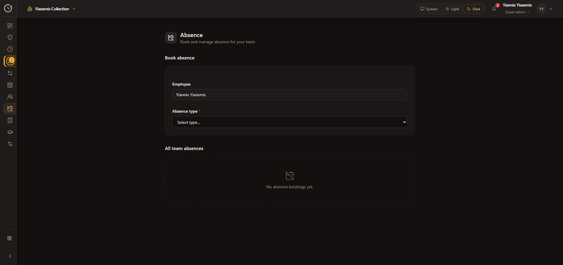 Dark-mode Absence page with the type picker and an empty All team absences section.