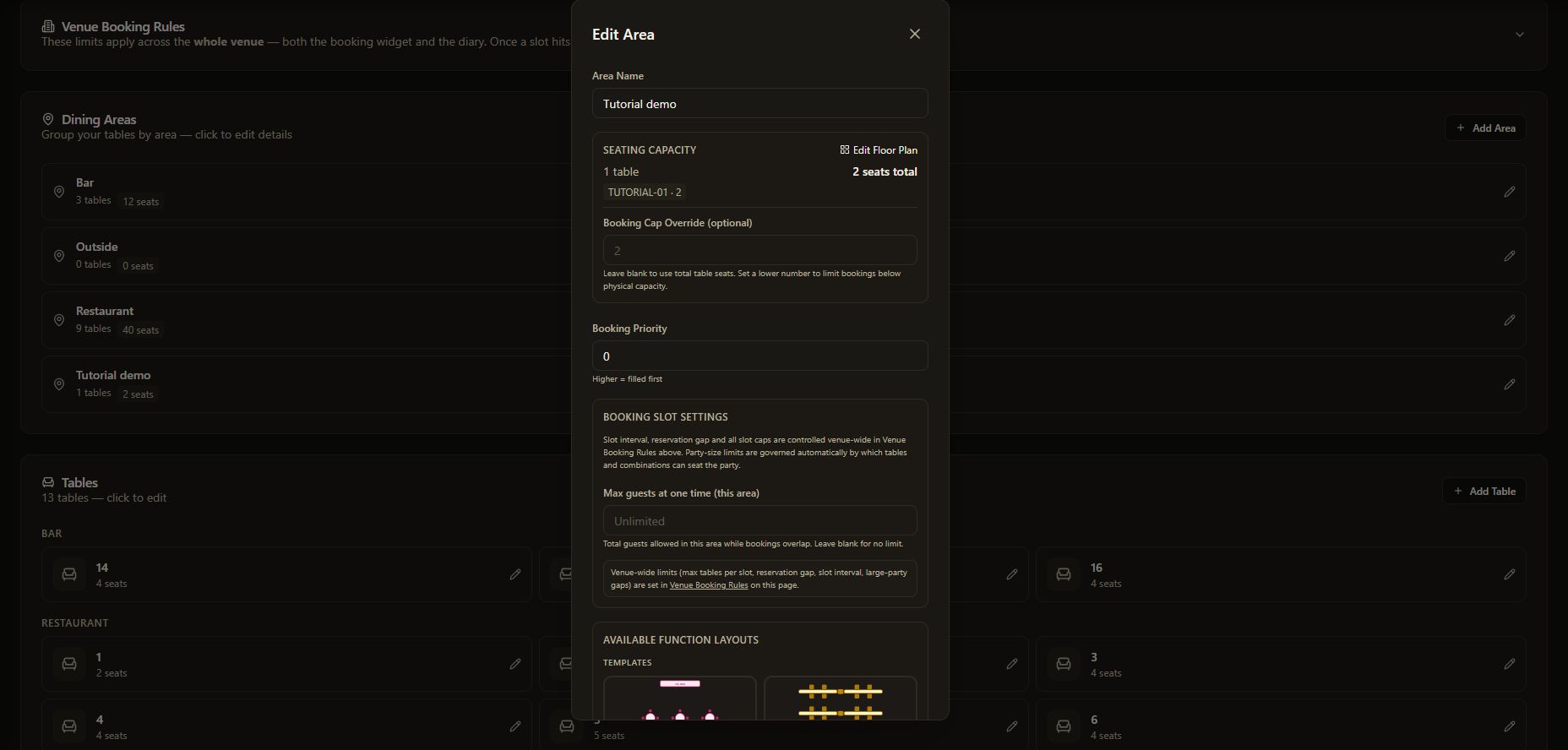 The Edit Area panel showing one table and two physical seats in the tutorial area.