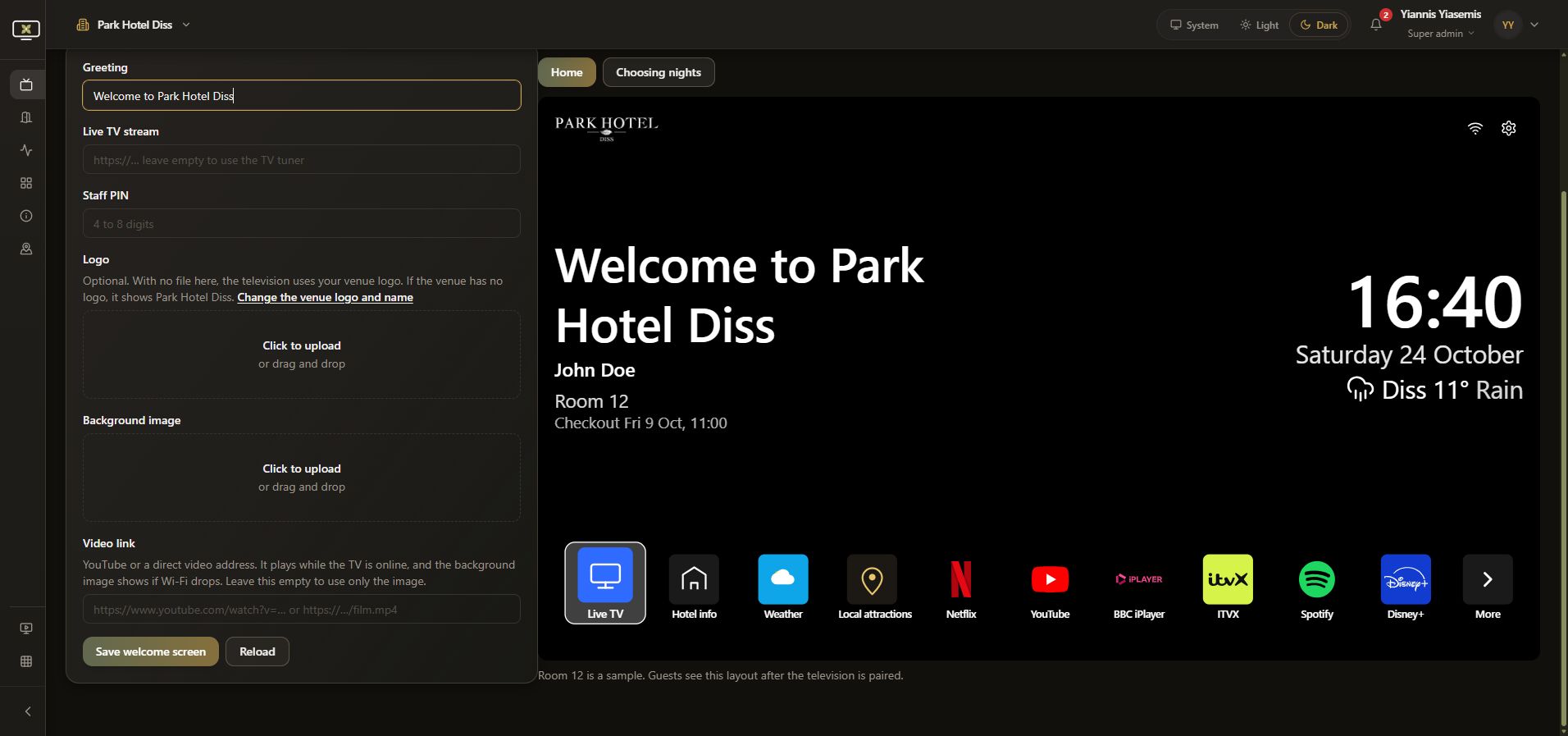 Unsaved welcome greeting displayed immediately in the sample television preview, with the venue logo and app icons preserved.