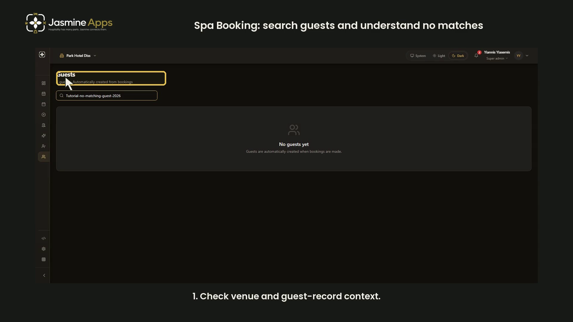 Spa Booking: search guests and understand no matches