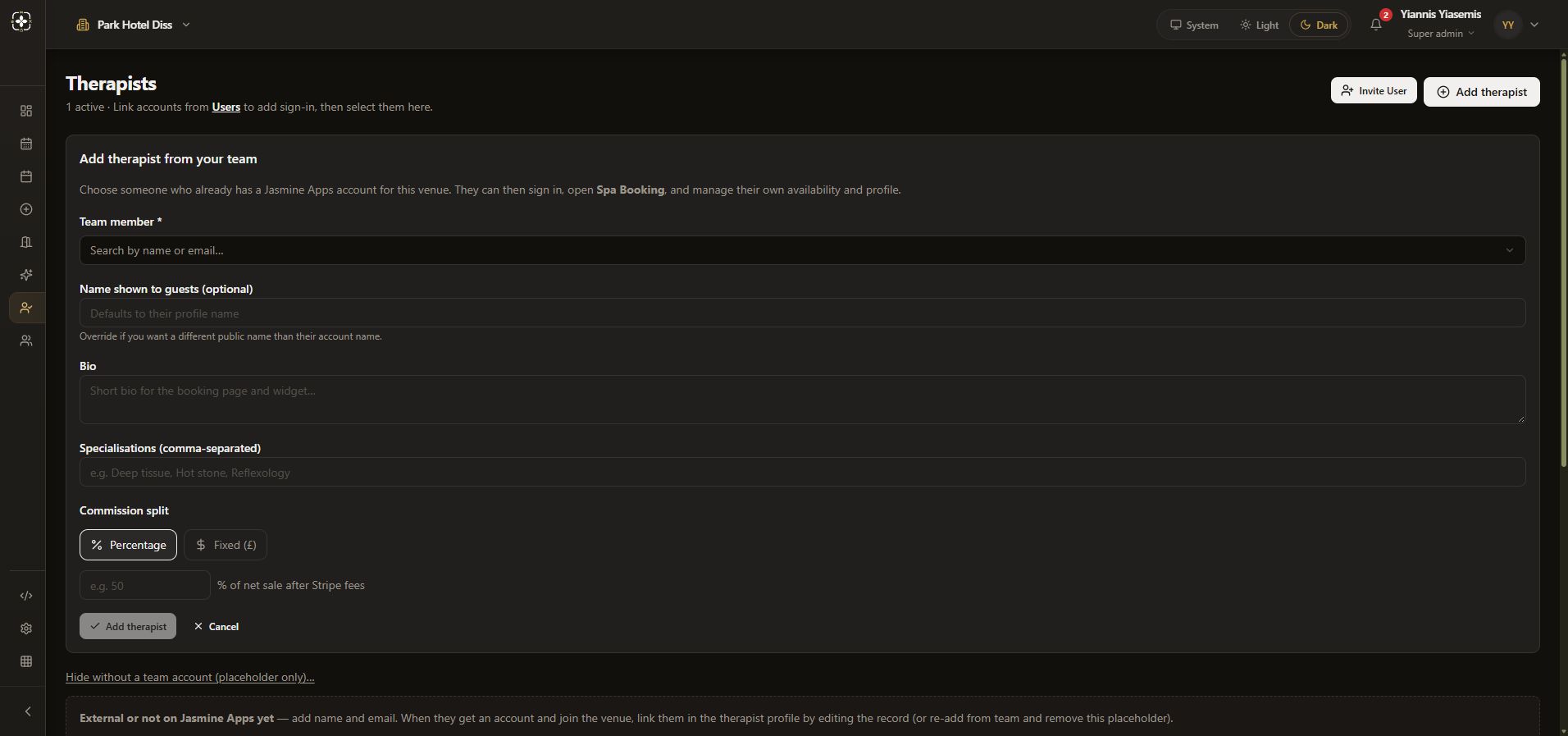 Complete blank team-therapist preparation form in dark mode, with no selected account or contact details.