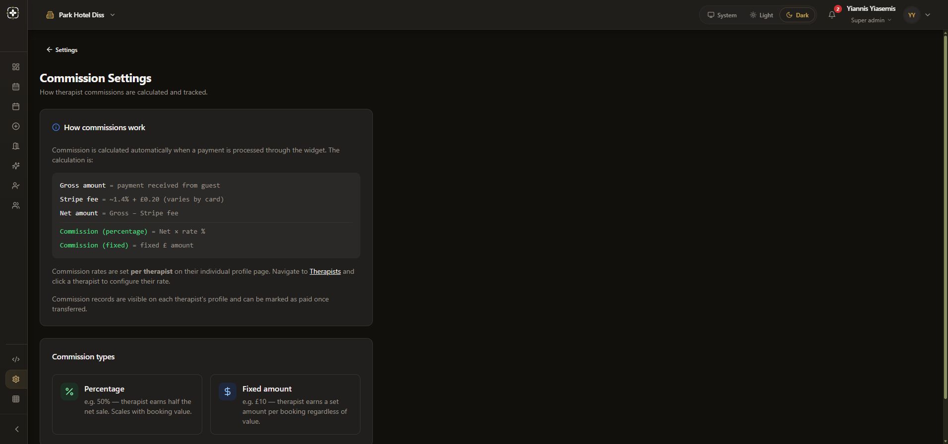 Dark-mode Commission Settings page showing the gross, fee, net and commission explanations.