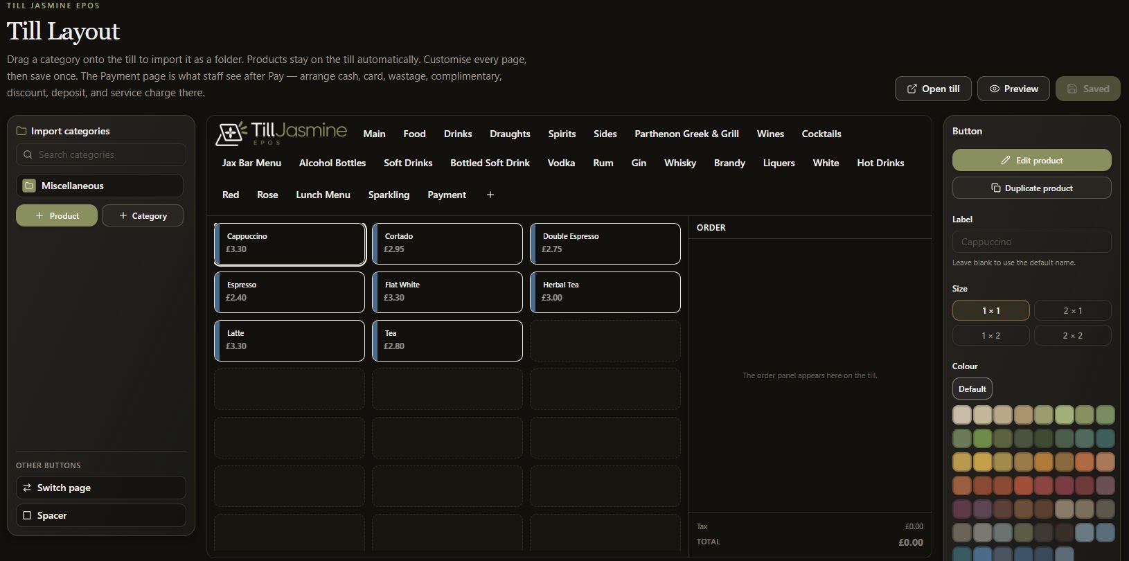 Complete dark-mode till layout designer with a selected product button and its properties