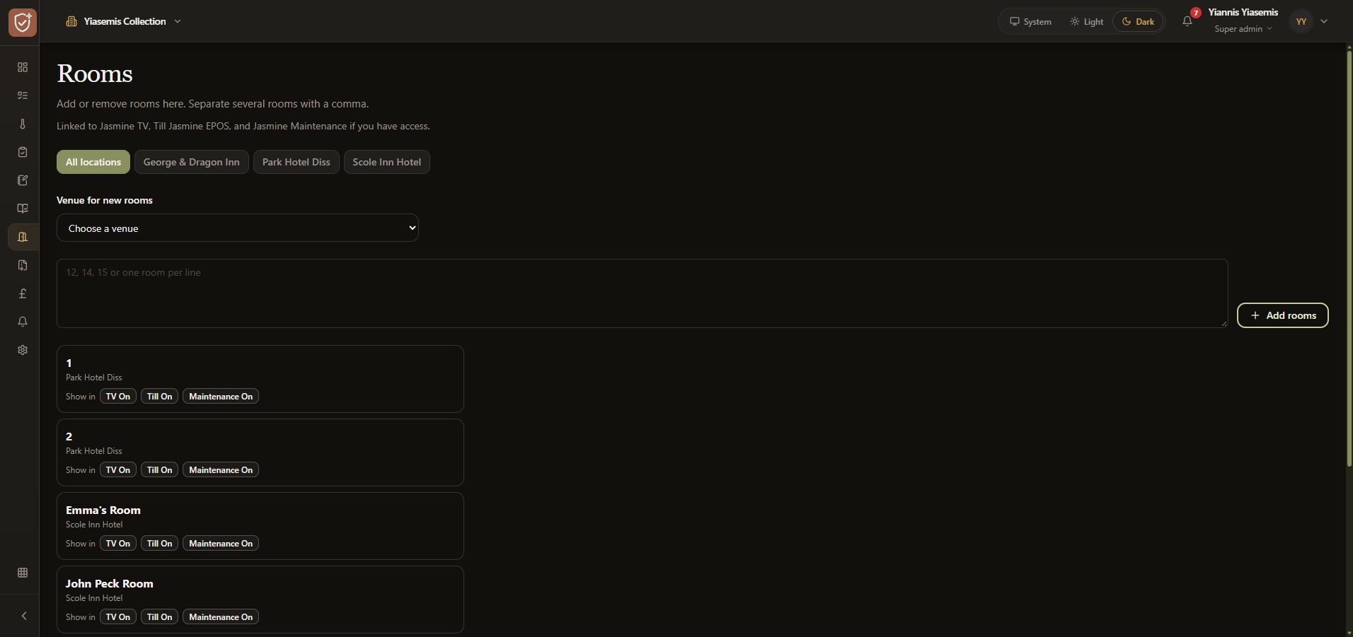 Full dark-mode Rooms page with All locations and Venue for new rooms.