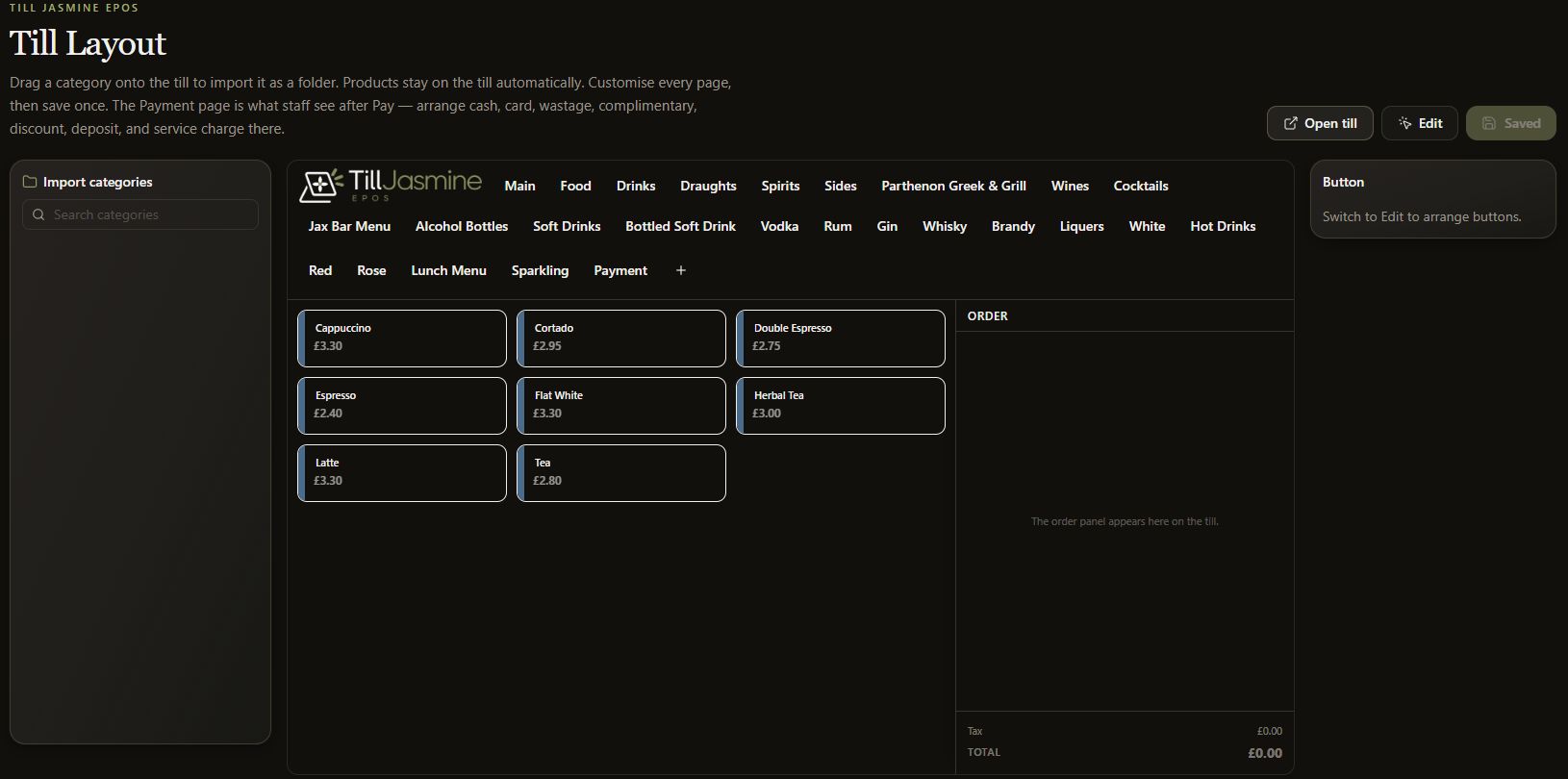 Dark-mode till layout Preview showing the existing button arrangement
