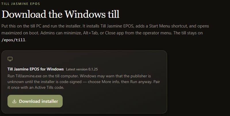 Dark-mode Windows till download page with the current installer instructions
