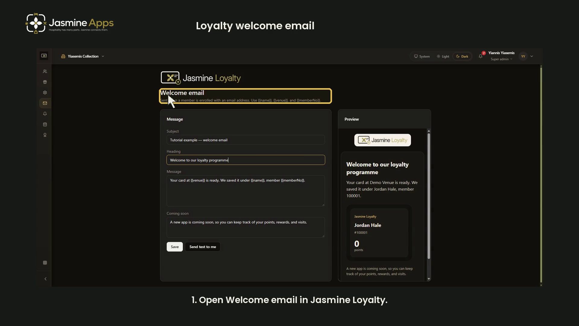 Jasmine Loyalty: edit and preview the welcome email
