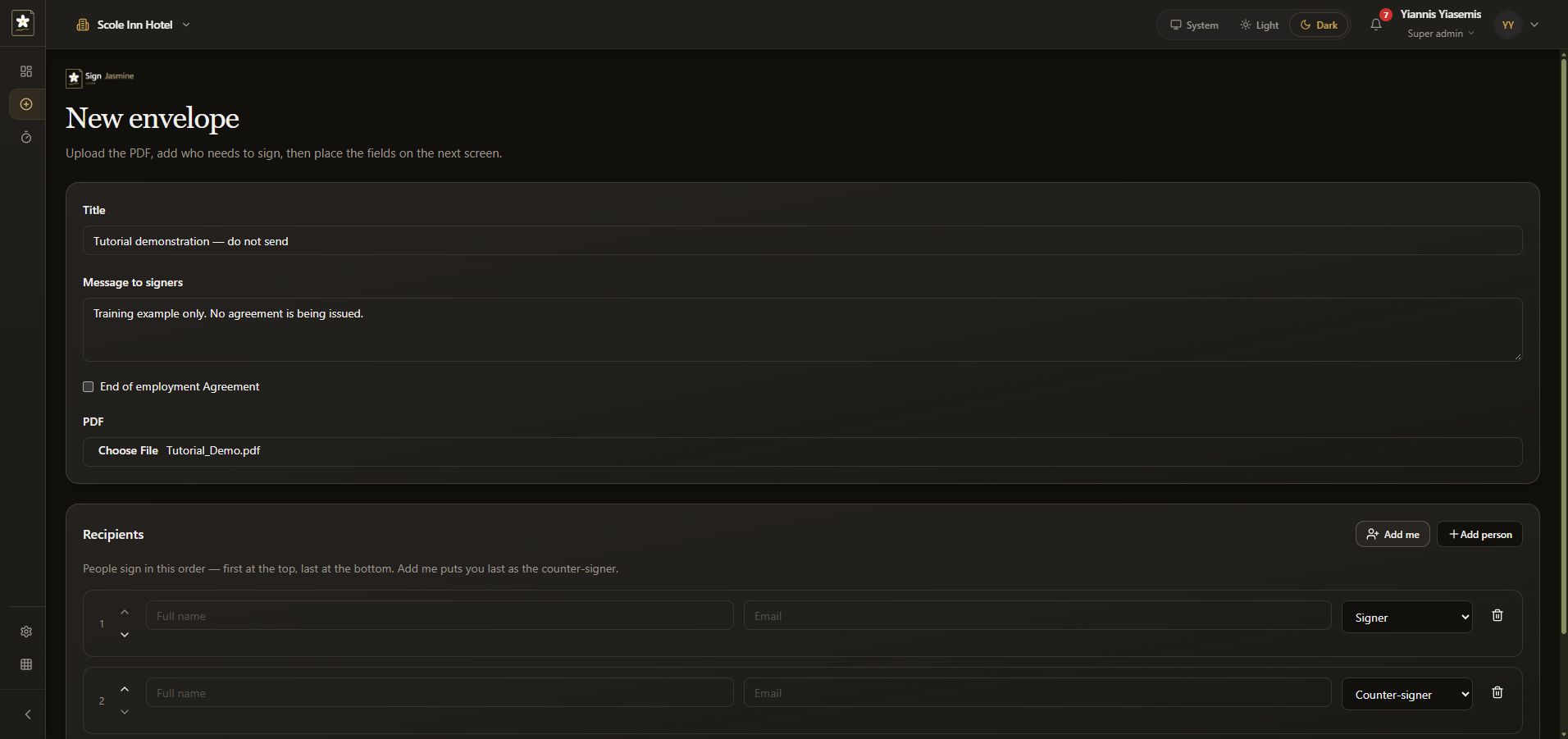 Dark-mode Sign Jasmine New envelope form with a training title, message and selected Tutorial_Demo.pdf; recipient fields remain blank.