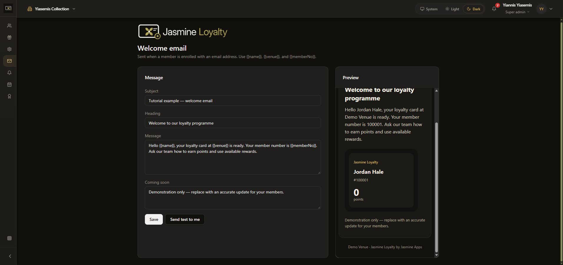 Lower welcome-email preview showing the sample points card, Coming soon text and footer.