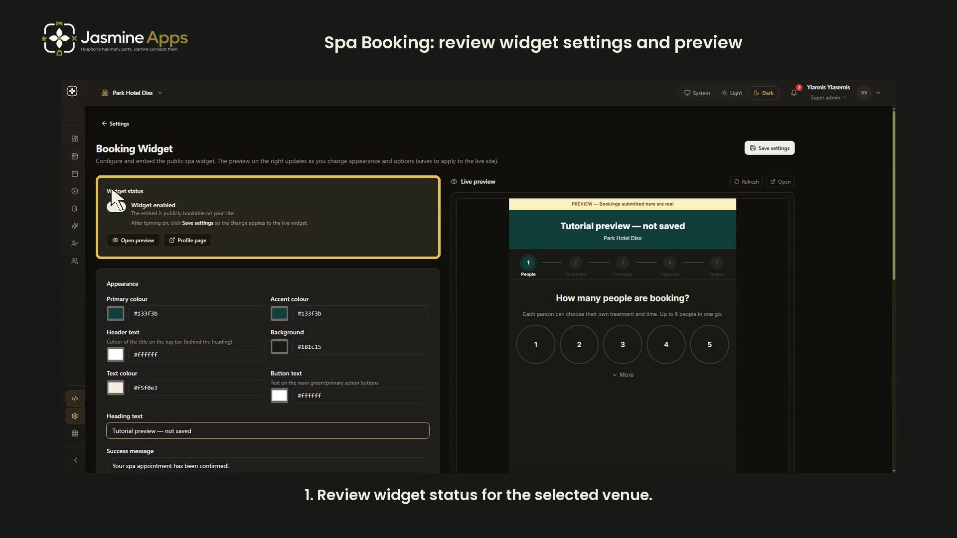 Spa Booking: review widget settings and preview