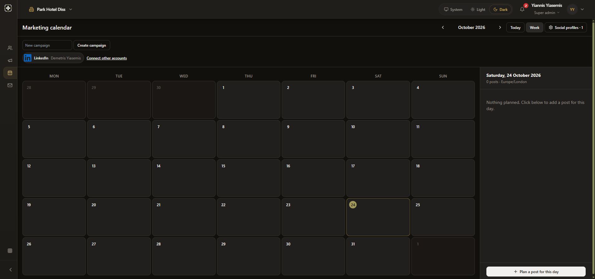 Current dark-mode social Marketing calendar, a separate interface from the email Campaigns tab.