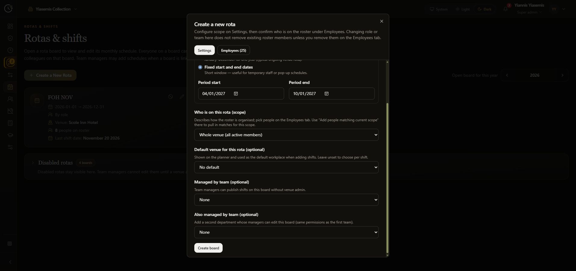 Complete dark-mode new rota dialog scrolled to scope, venue defaults, managing teams and Create board