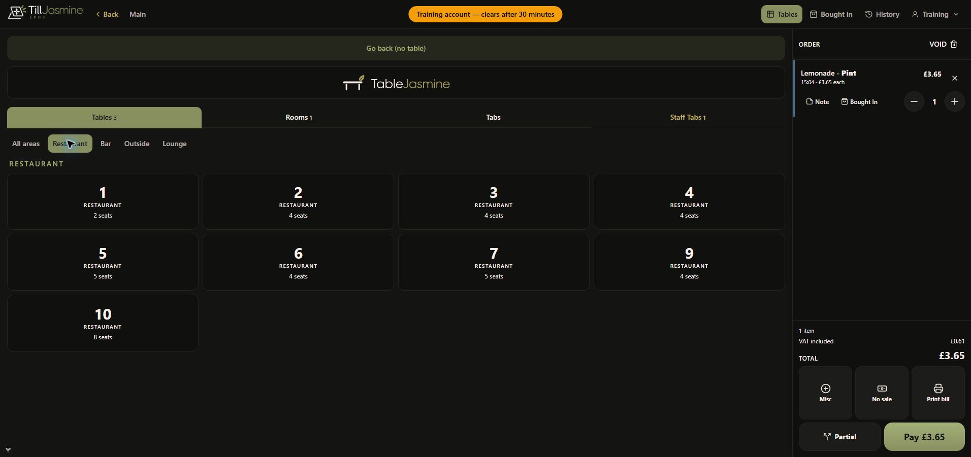 Complete dark-mode training table picker filtered to Restaurant with empty table 1 available