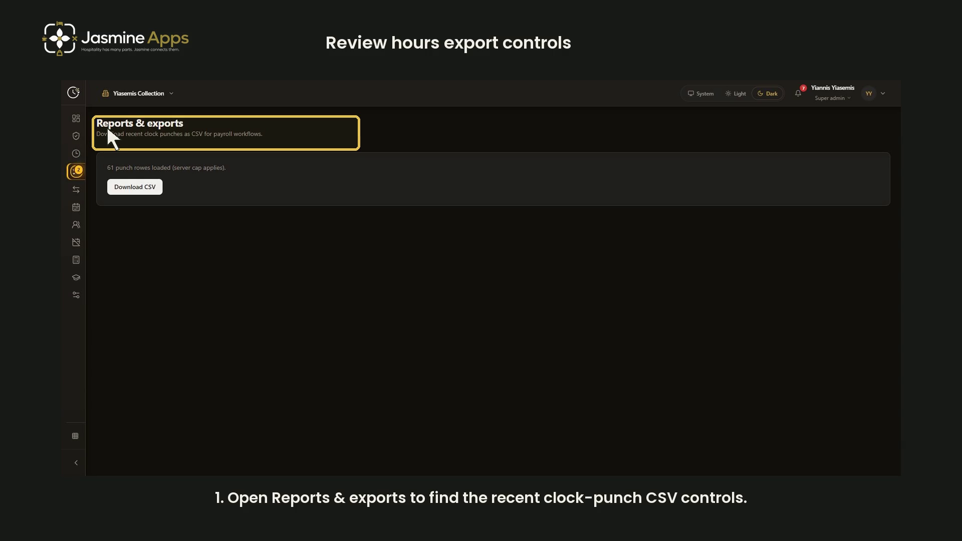 Dark-mode Clock Jasmine hours export controls walkthrough showing the page scope and Download CSV with clean Jasmine Apps branding.