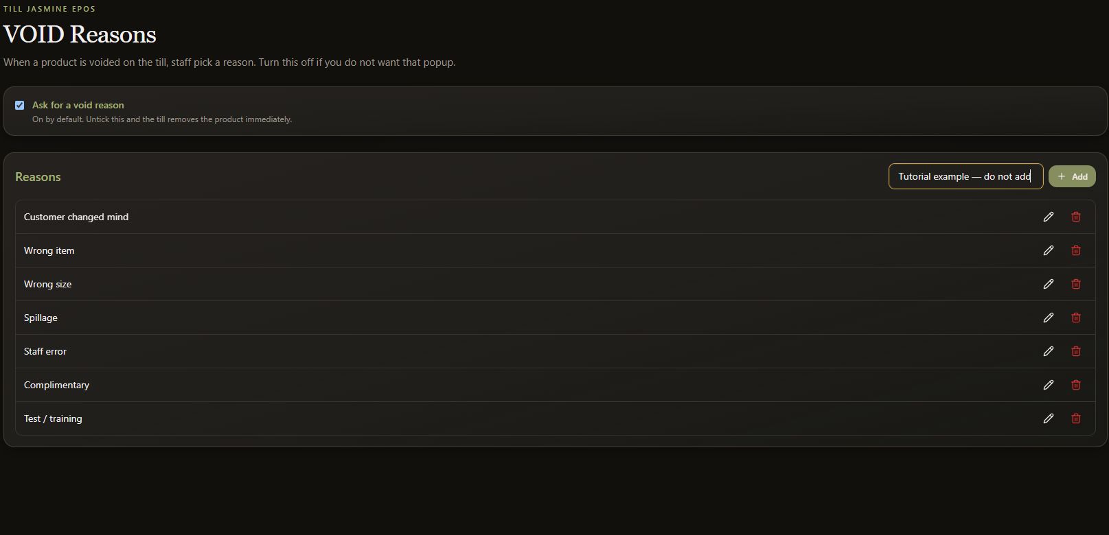 Dark-mode New reason input containing an explicitly unadded tutorial example