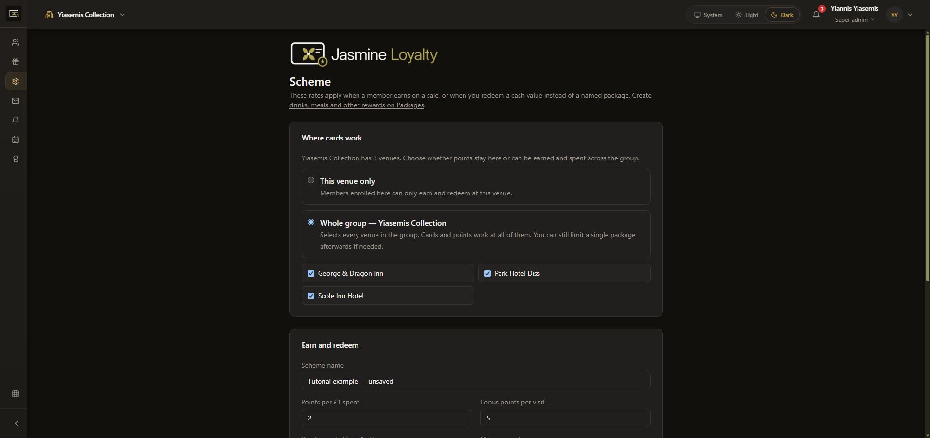 Jasmine Loyalty scheme venue scope in dark mode, showing venue-only and whole-group options.