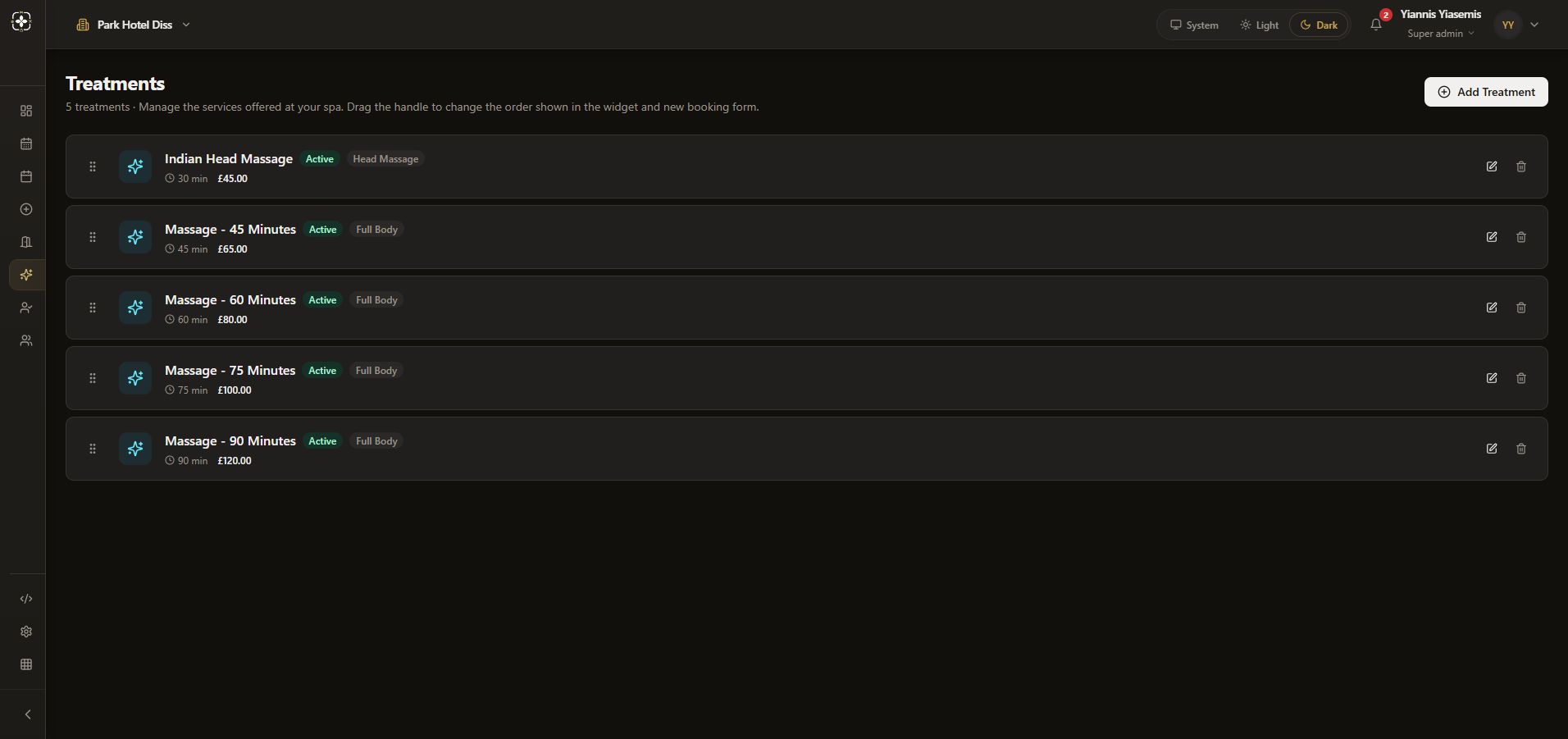 Dark-mode Spa Booking catalogue showing five existing treatments with active status, duration, category and price.