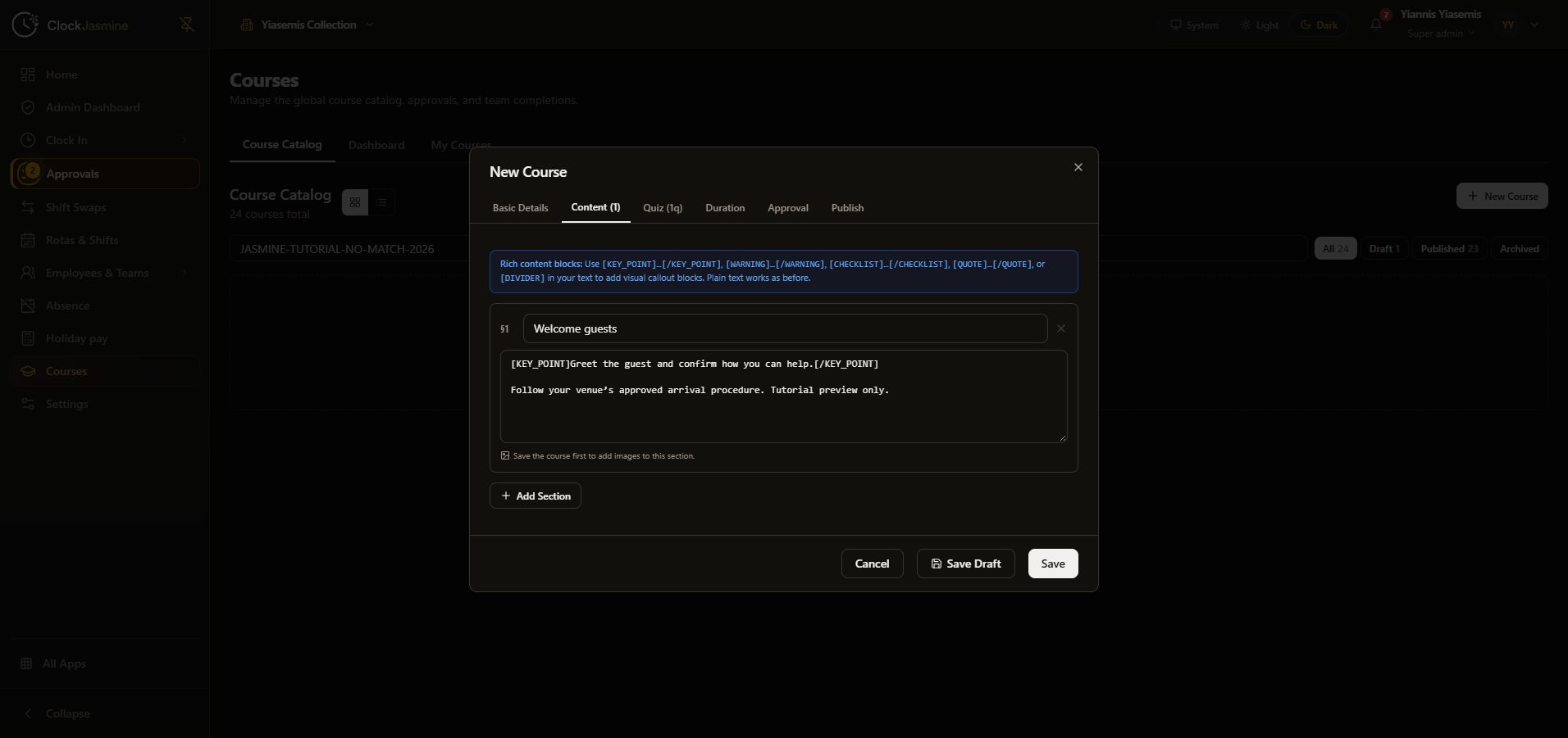 Clock Jasmine course setup: content, quiz and draft review | Jasmine Apps