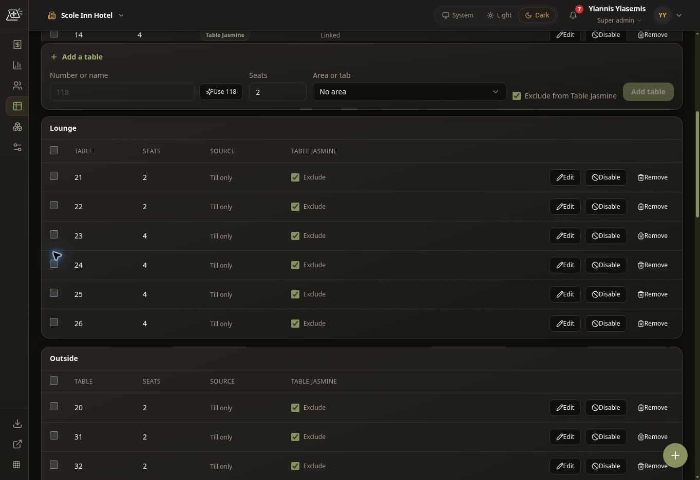 Complete dark-mode Lounge table panel showing Till only sources and checked Exclude controls