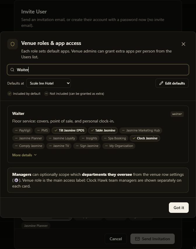 Dark-mode role guide with Waiter search, the selected venue under Defaults at, and included app indicators.
