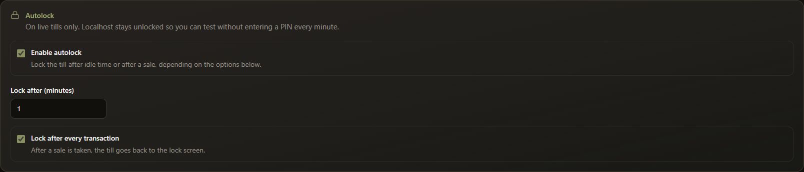 Complete dark-mode autolock panel showing enabled autolock, idle timeout and lock-after-transaction controls