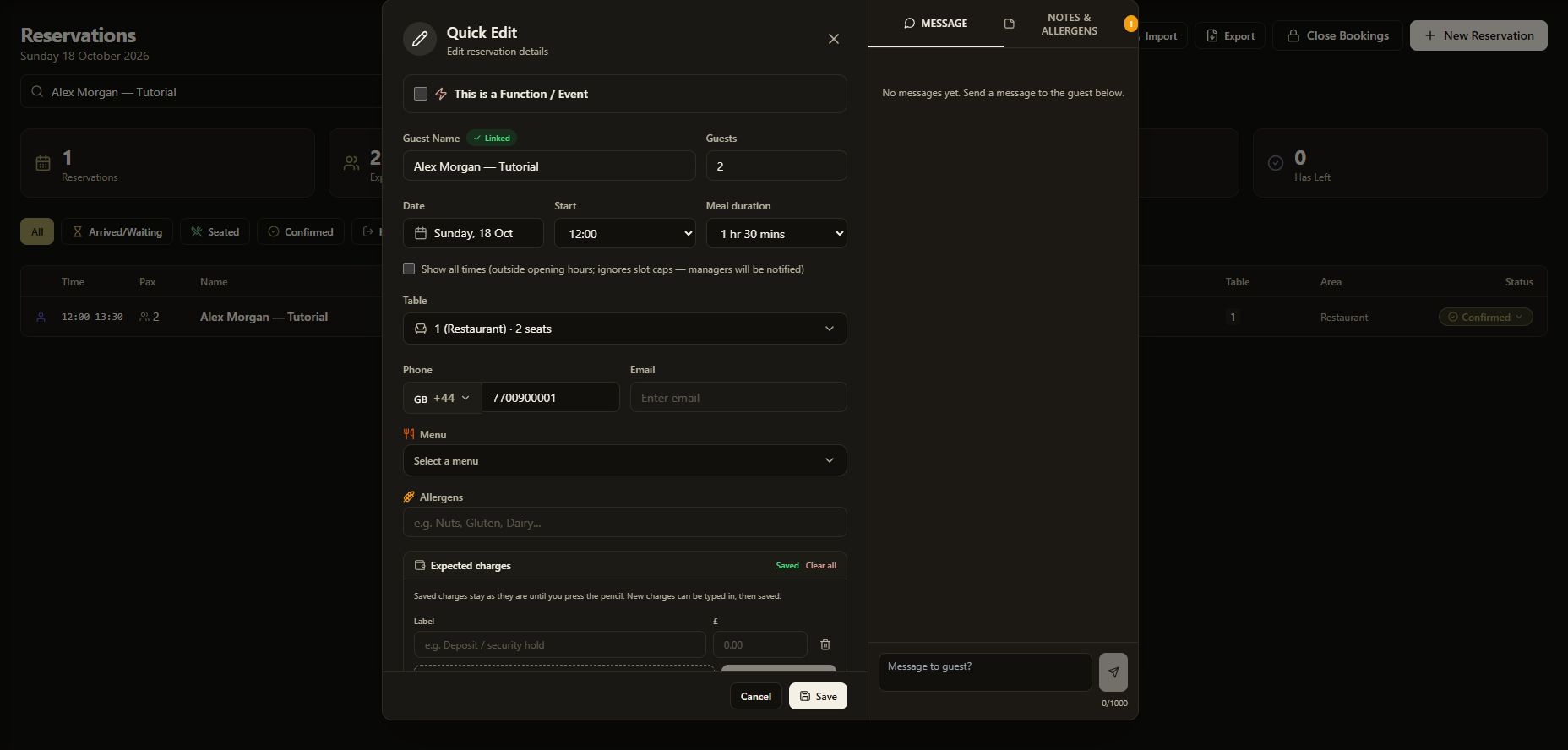 The saved tutorial booking reopened in Quick Edit for a final check.