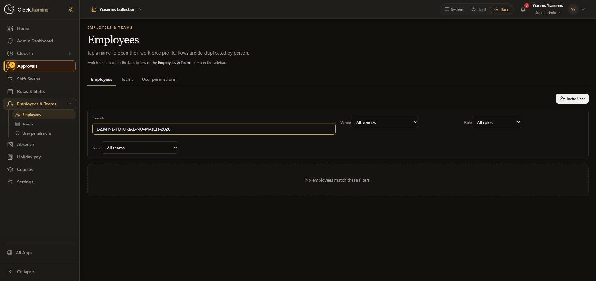 Complete dark-mode Employees page with a deliberate no-match search and the Invite User button