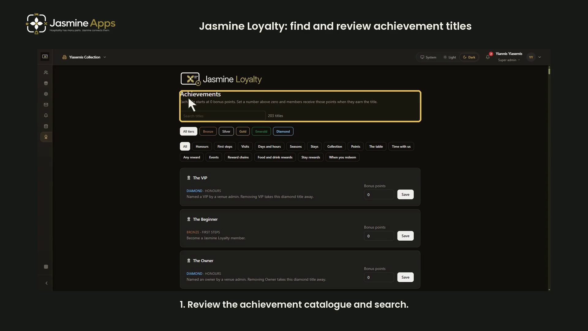 Jasmine Loyalty: find and review achievement titles