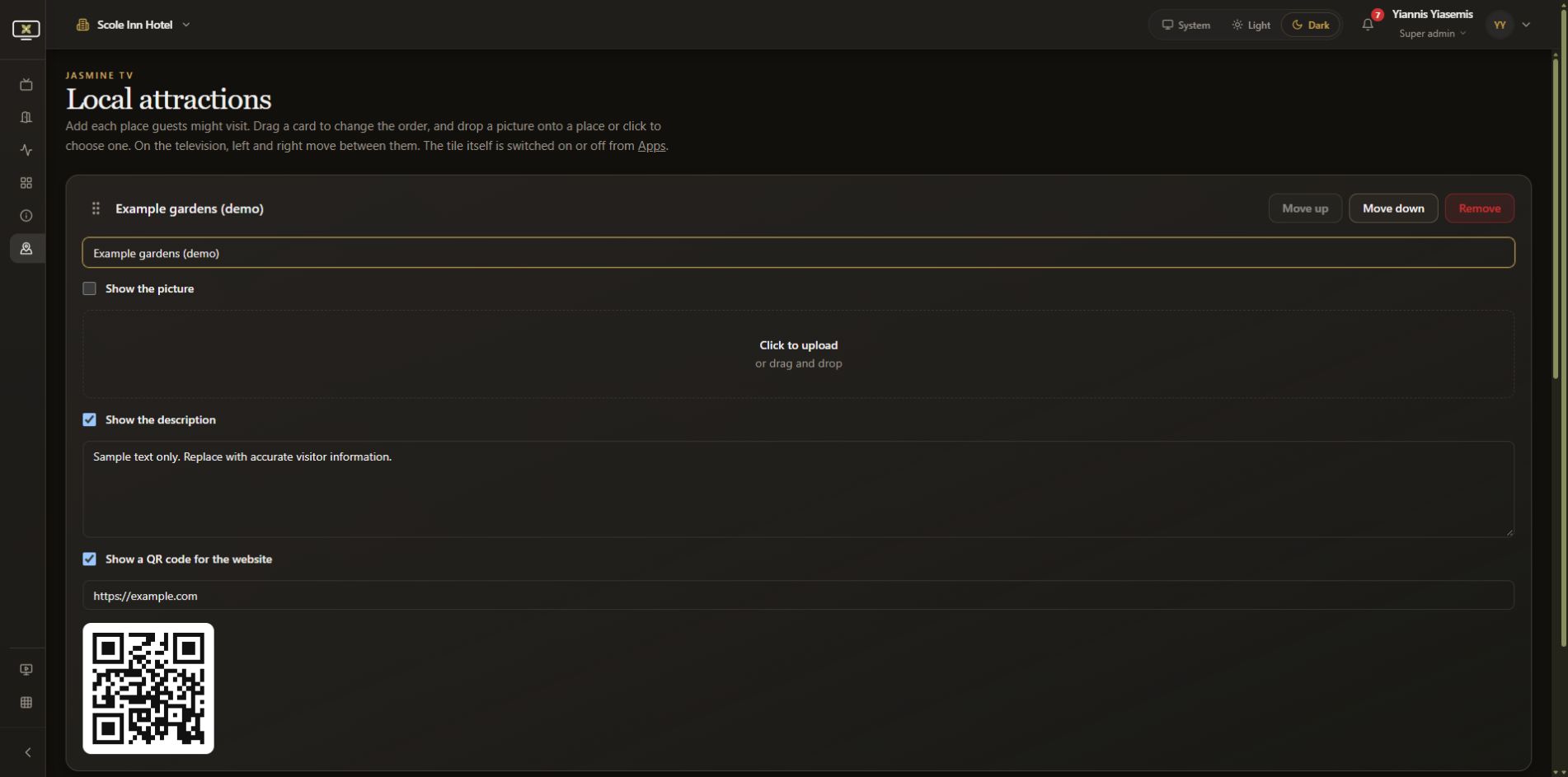 Unsaved Example gardens card in first position with display settings and ordering controls.