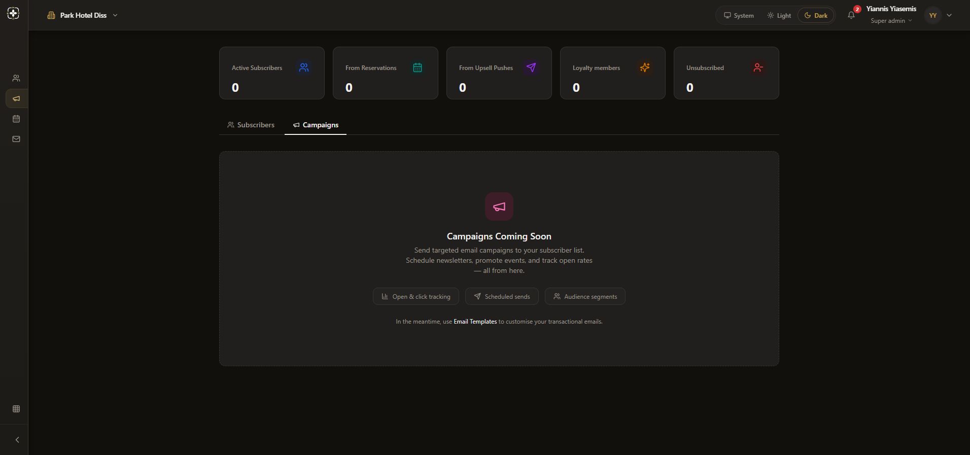 Dark-mode Marketing Hub Campaigns tab showing Campaigns Coming Soon and its transactional Email Templates link.