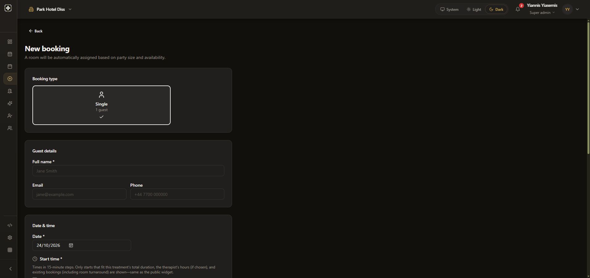 Dark-mode New booking form showing Single booking type, blank guest details and the date field.