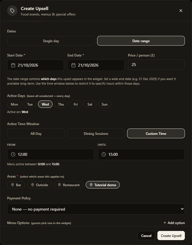 Complete dark-mode offer availability controls showing dates, days, times and areas