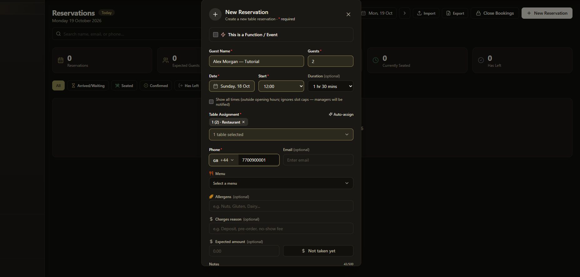 Dark-theme reservation form showing fictional guest details, party size, date, time and table.