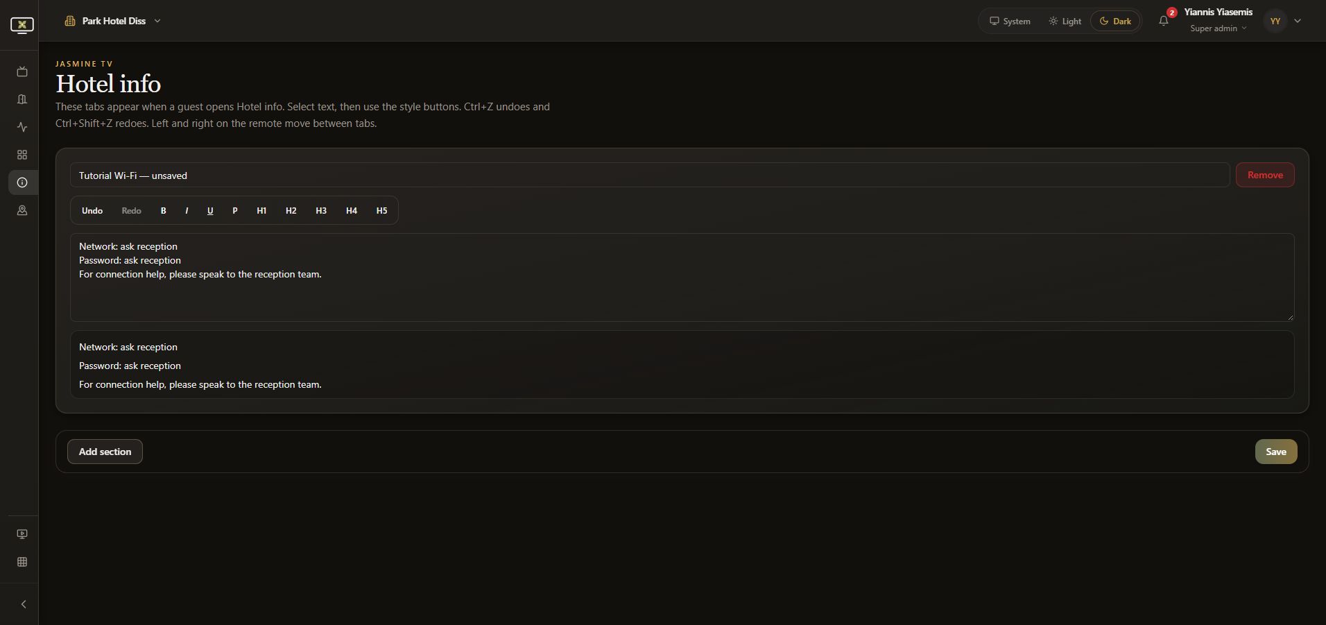 Full dark-mode Hotel info editor with an unsaved Wi-Fi sample that directs guests to reception.