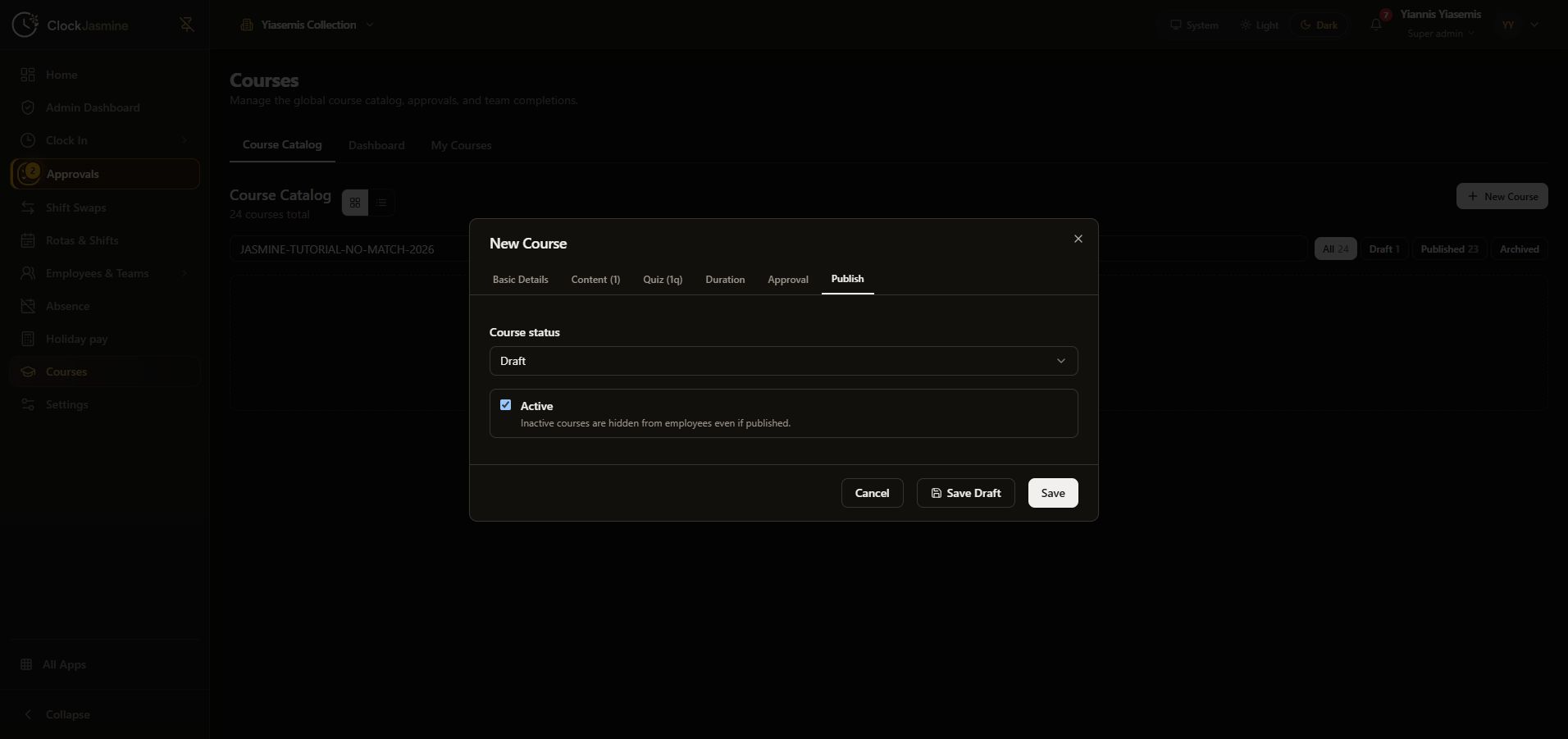 Clock Jasmine course setup: content, quiz and draft review | Jasmine Apps