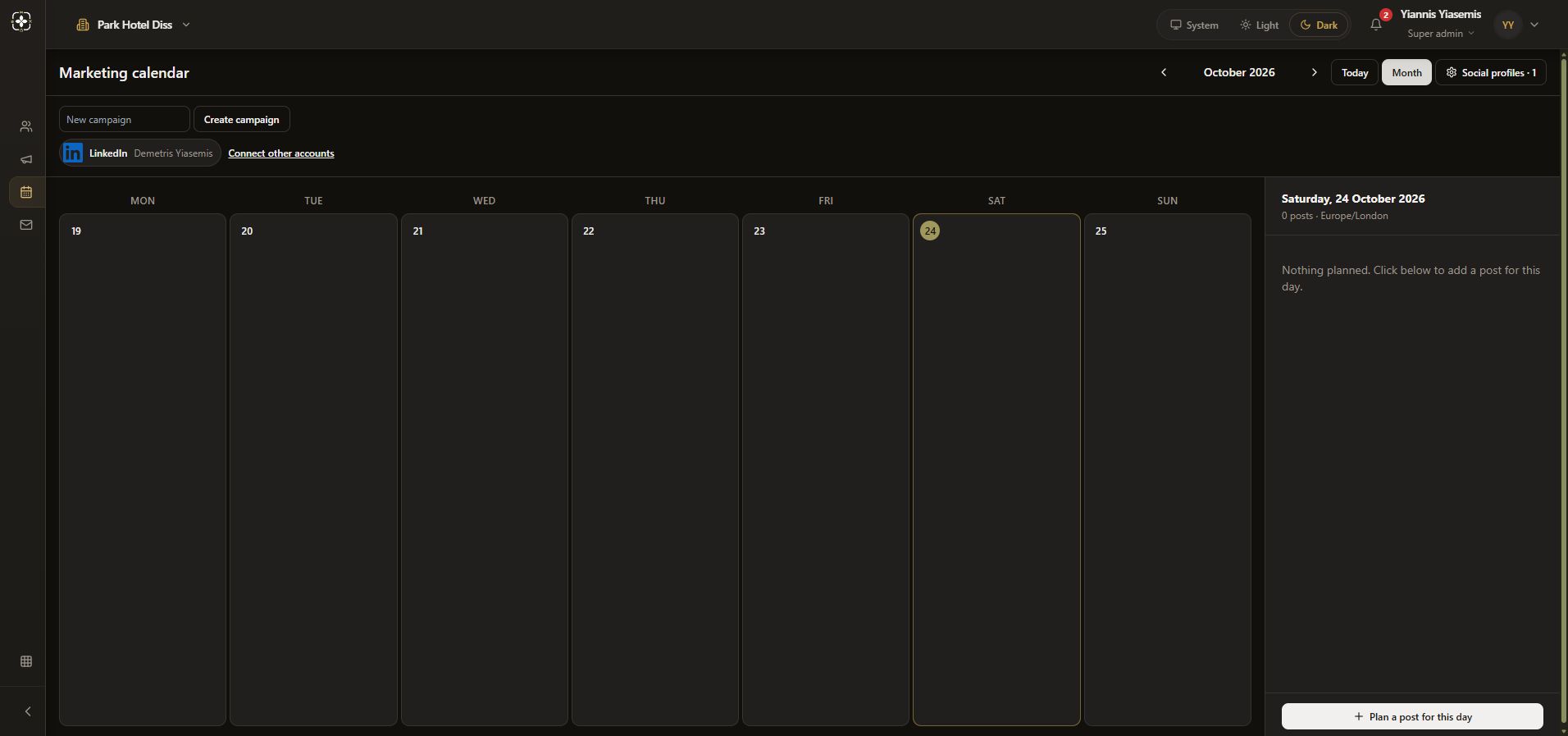 Marketing calendar in week view, with seven day columns and the selected-day panel.