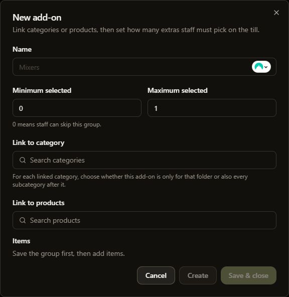 Complete blank New add-on dialog showing minimum and maximum choices, category and product links, and disabled creation buttons