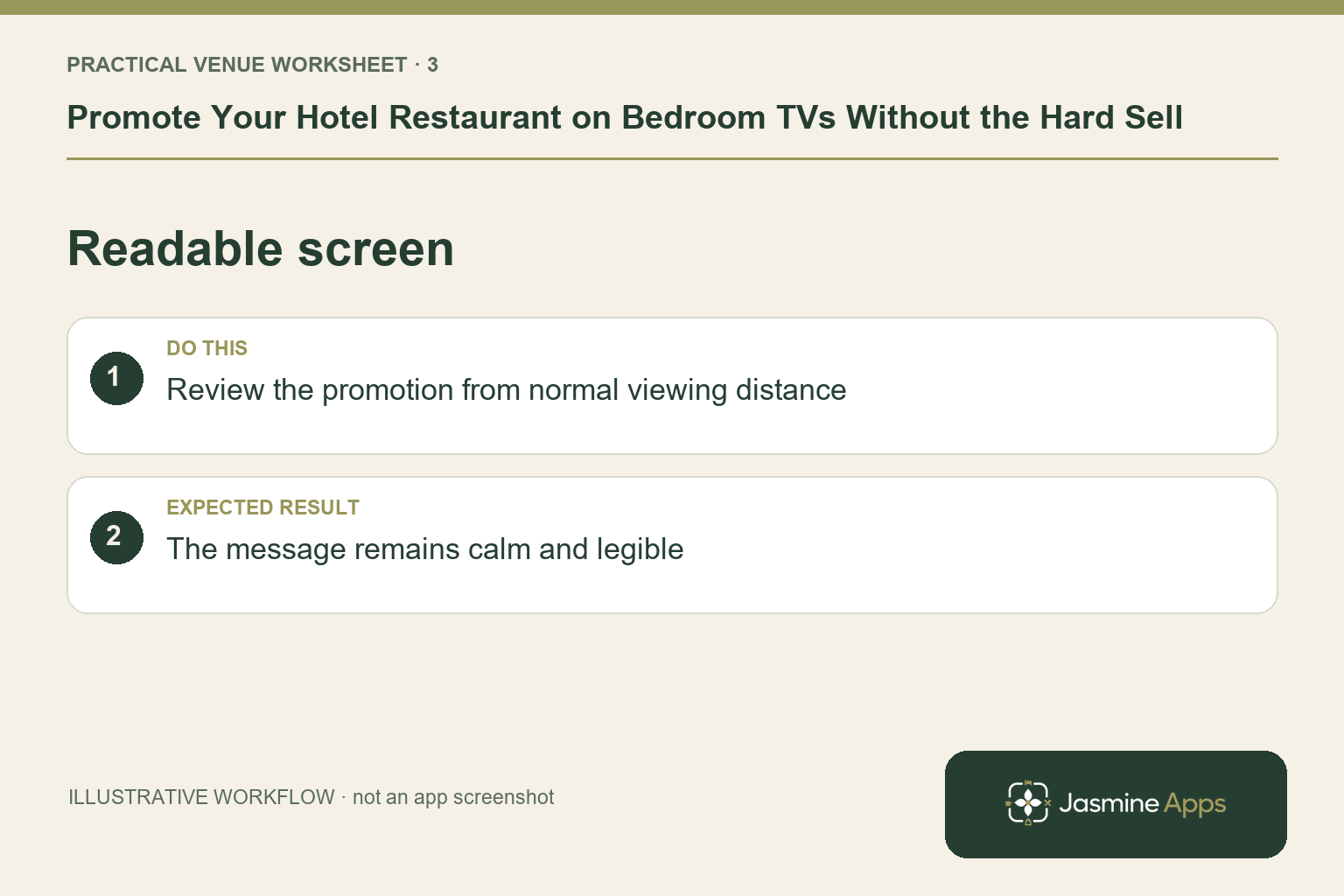 Illustrative readable screen checklist: Review the promotion from normal viewing distance. Expected result: The message remains calm and legible.