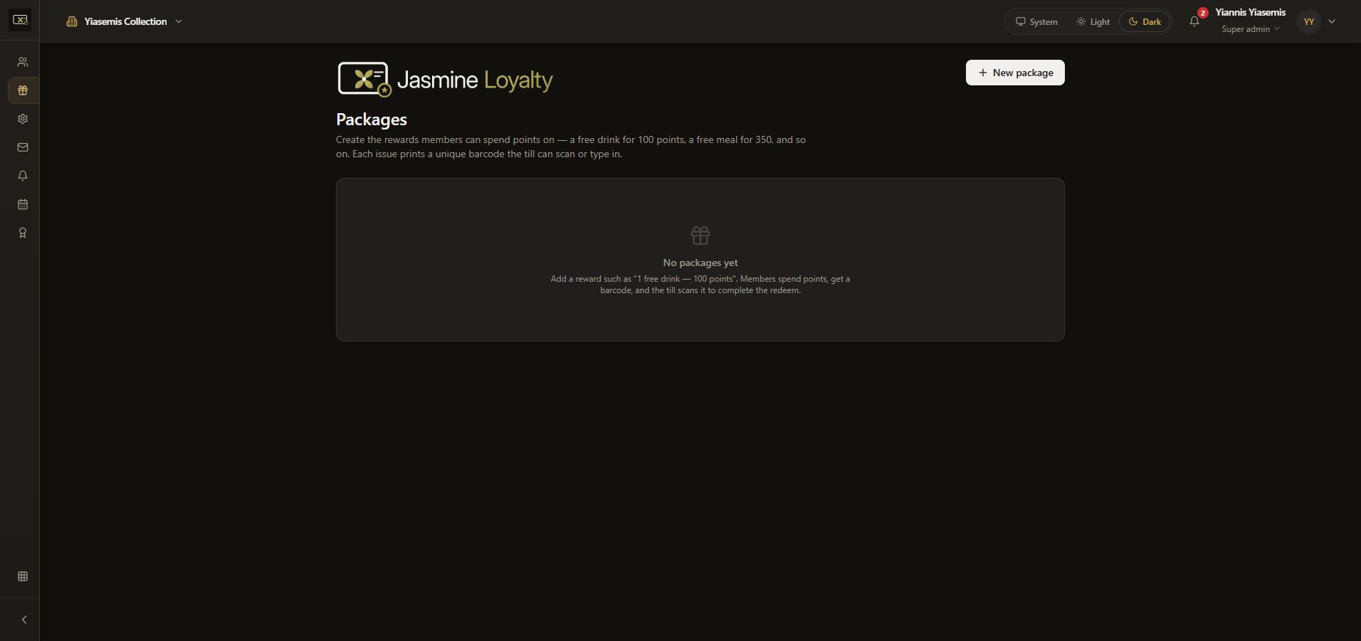 Dark-mode Packages page with an empty reward catalogue.