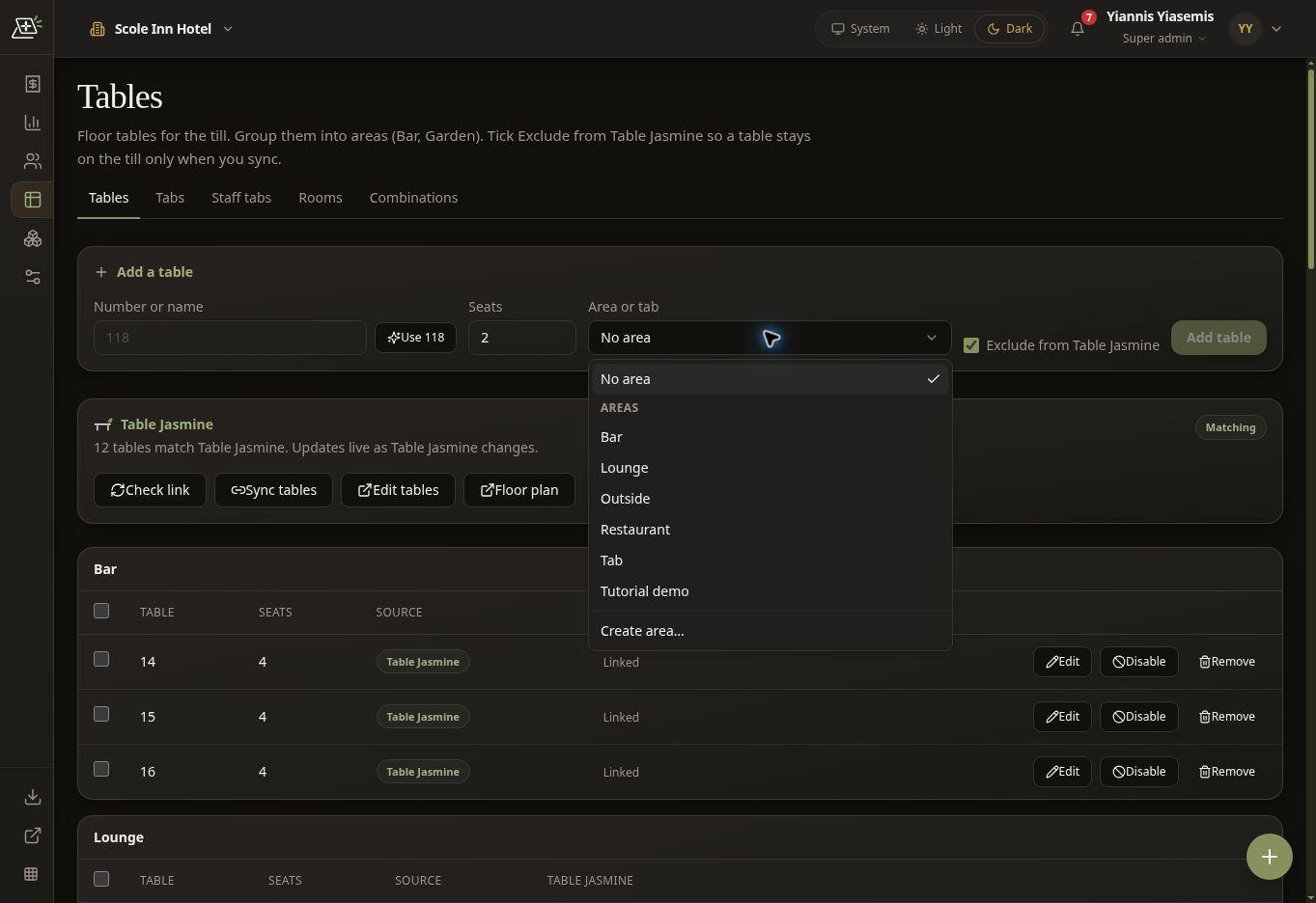 Full dark-mode viewport with the Area or tab menu open