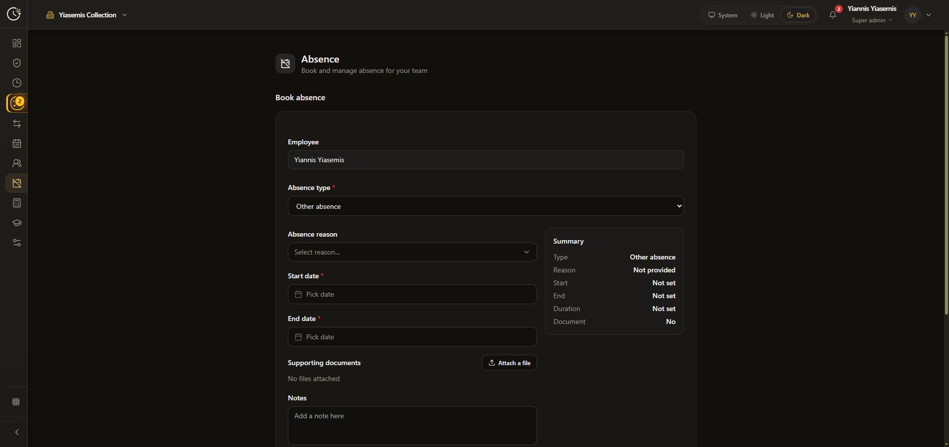 Unsaved Other absence form in dark mode with blank reason and dates beside the Summary panel.