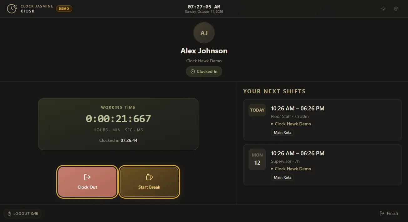 Clock Jasmine Kiosk dark-mode demo with Clocked in status, Working time, Clock Out, Start Break and upcoming shifts.