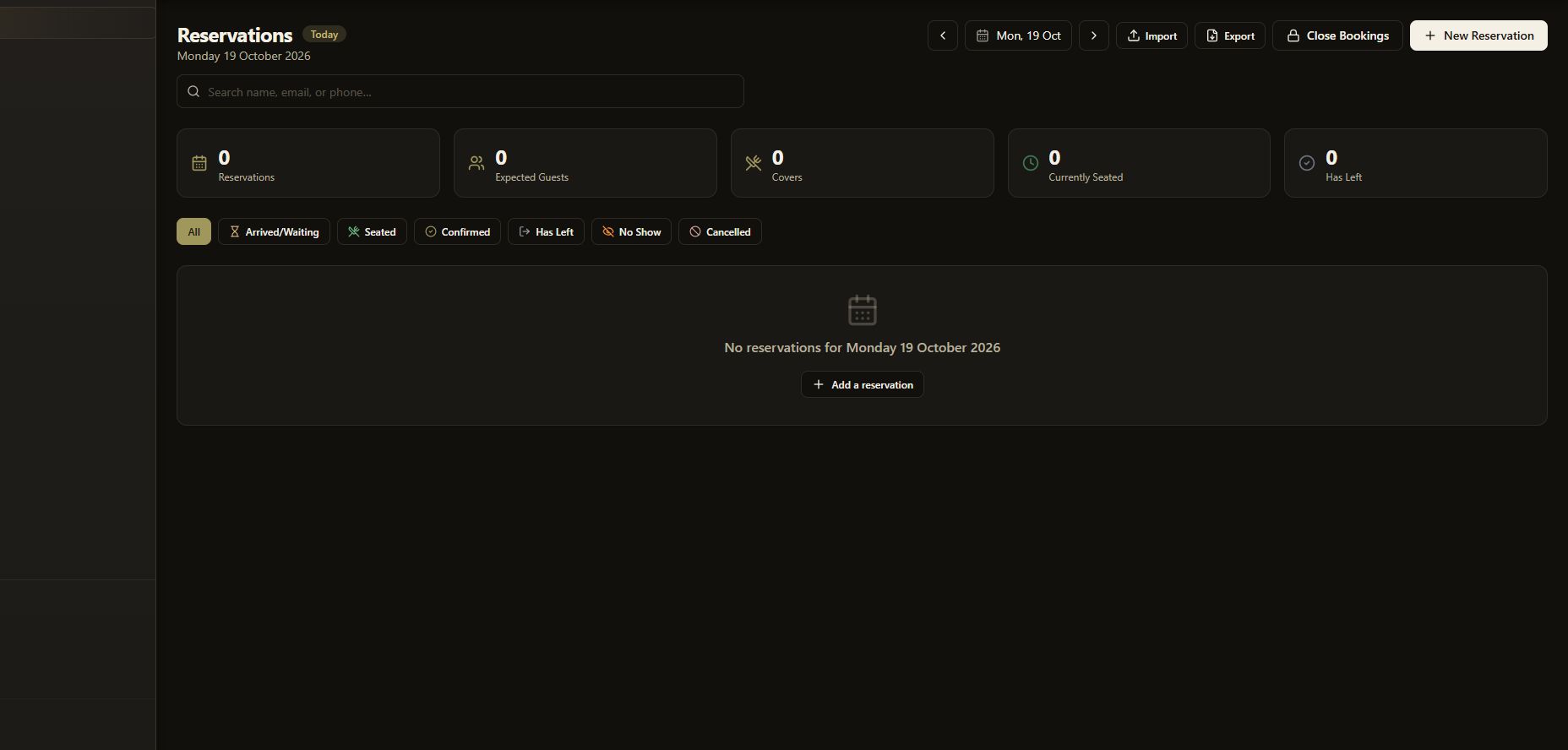 Table Jasmine Reservations list in dark mode, with New Reservation at the top right.