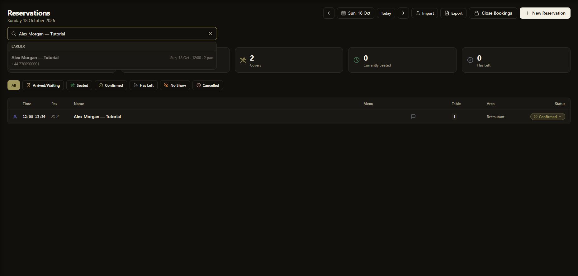 The dark-theme reservation search showing the fictional tutorial booking, date, time and party size.